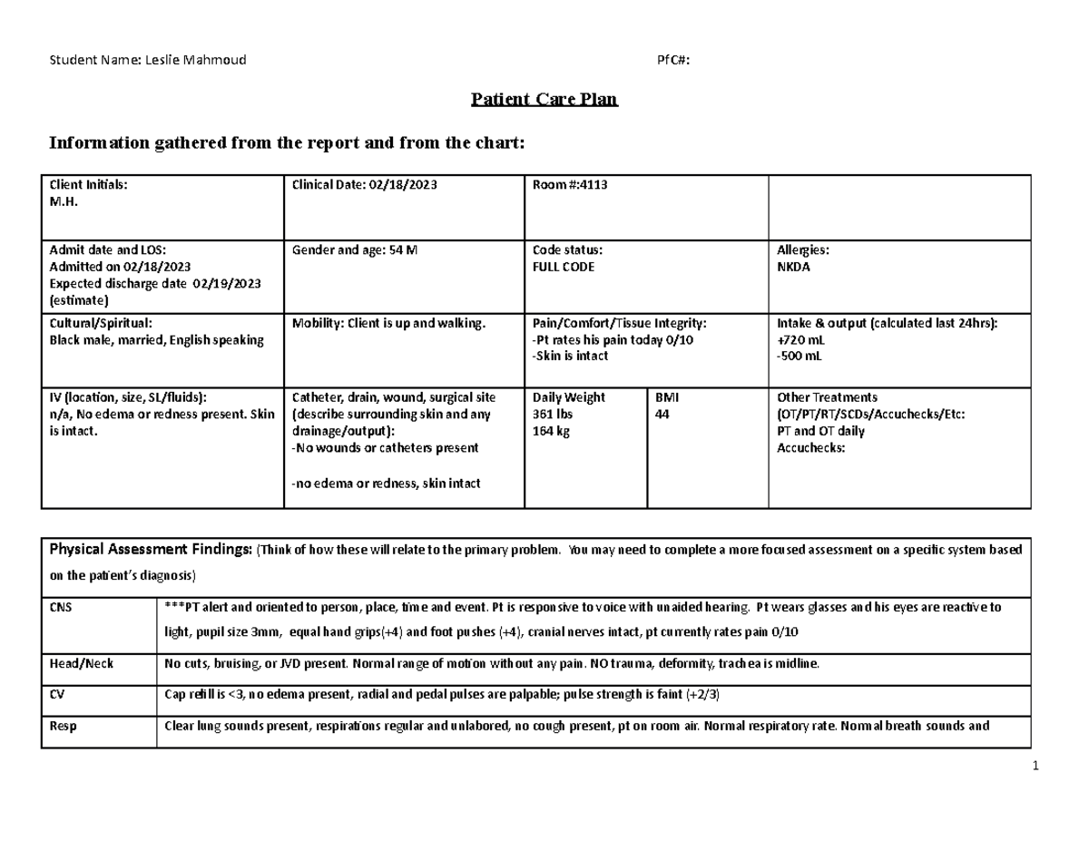 CHF Careplan Care Plan Patient Care Plan Information Gathered From The Report And From The Studocu
