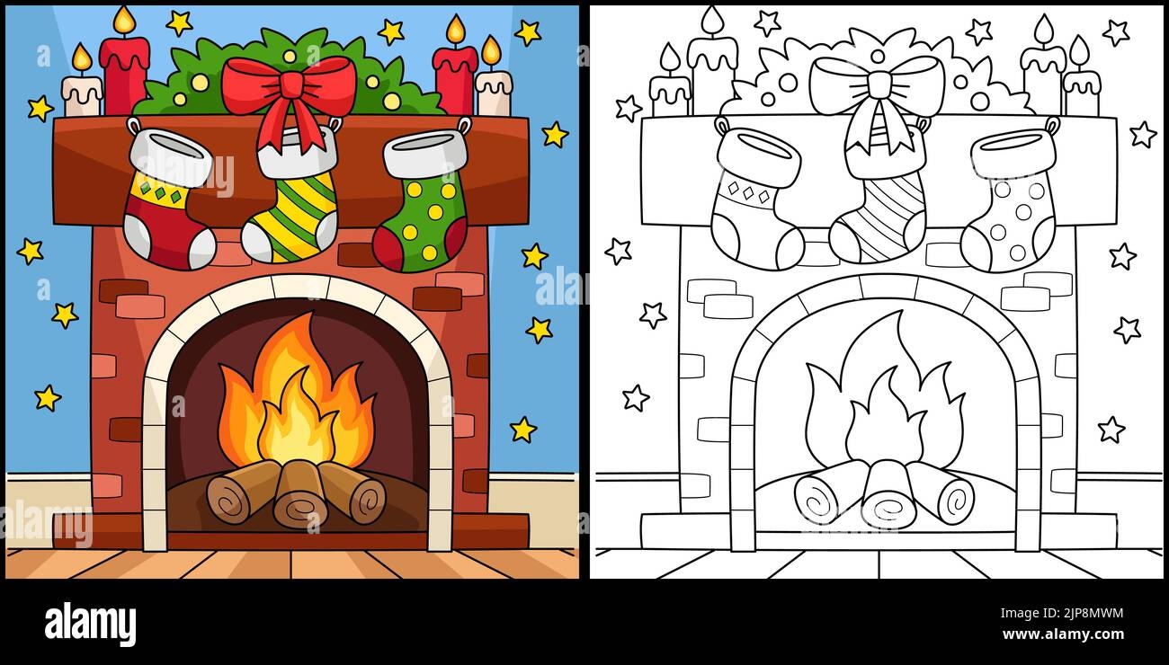 Christmas Fireplace With Stocking Coloring Page Stock Vector Image Art Alamy