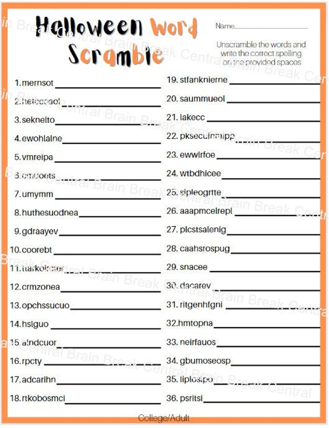 College adult Halloween Word Scramble Worksheet With Answer Key Printable Etsy