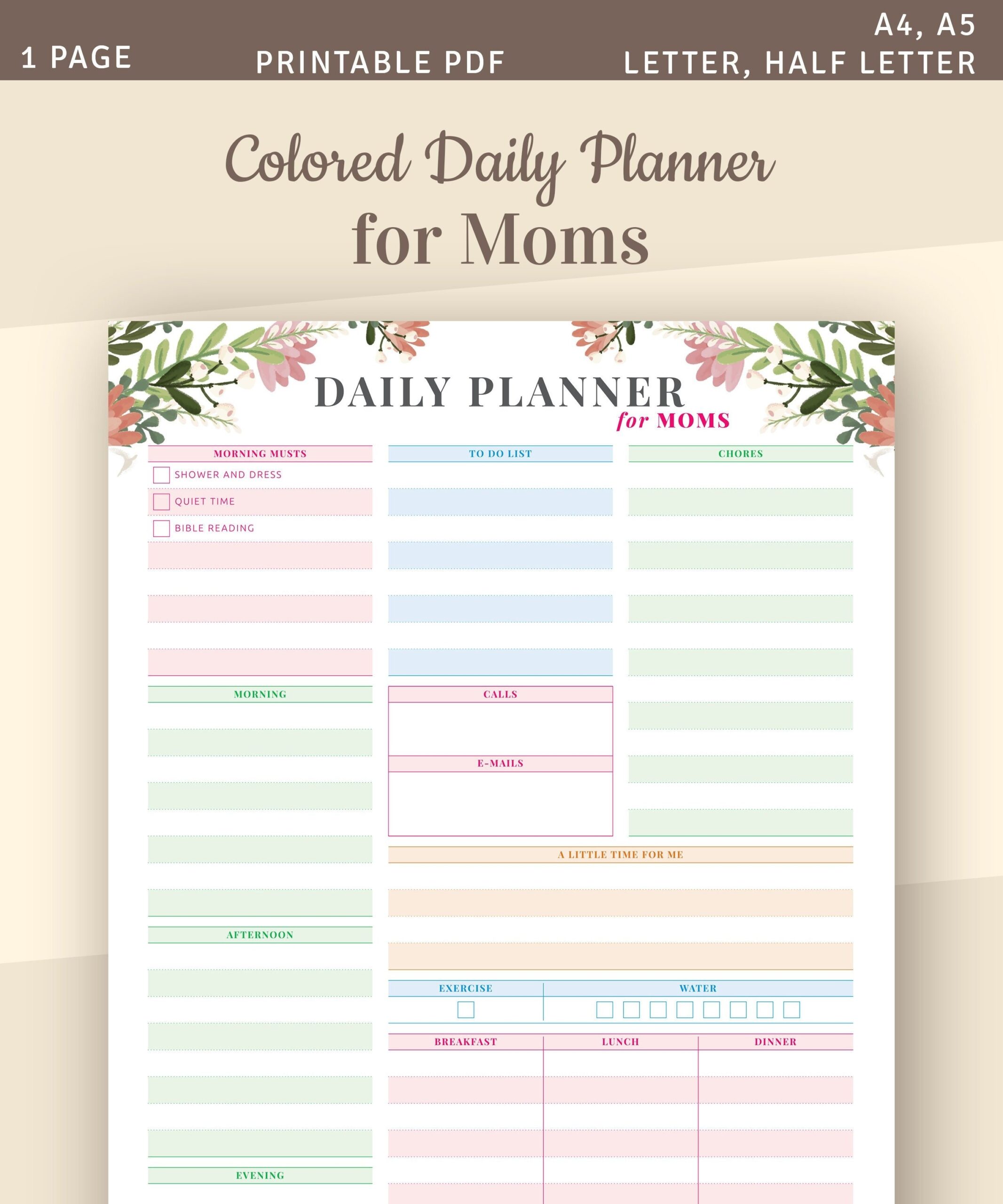 Colored Daily Planner Template For Moms printable PDF Etsy