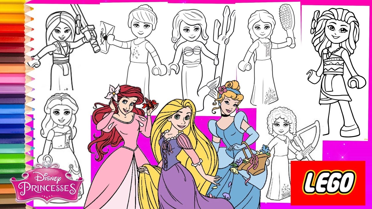 Coloring Disney Princess LEGO Figures Ariel Cinderella Moana Rapunzel Belle COMPILATION YouTube