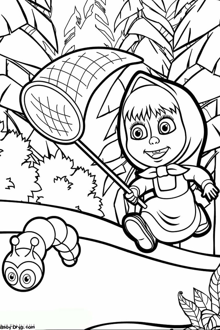 Coloring Page Masha Chasing The Caterpillar Coloring Masha And The Bear