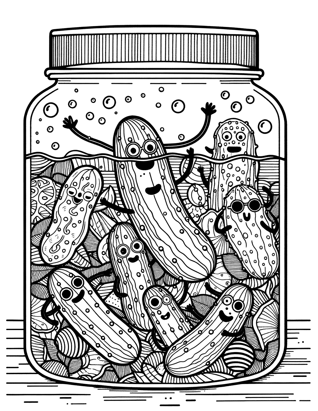 Coloring Page Of Human like Pickles Swimming In A Pickle Jar Like It s A Pool PageCrayon