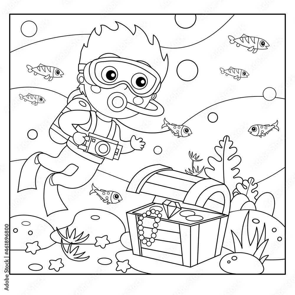 Coloring Page Outline Of Cartoon Little Boy Scuba Diver With Chest Of Treasure Marine Photography Or Shooting Underwater World Coloring Book For Kids Stock vektor Adobe Stock