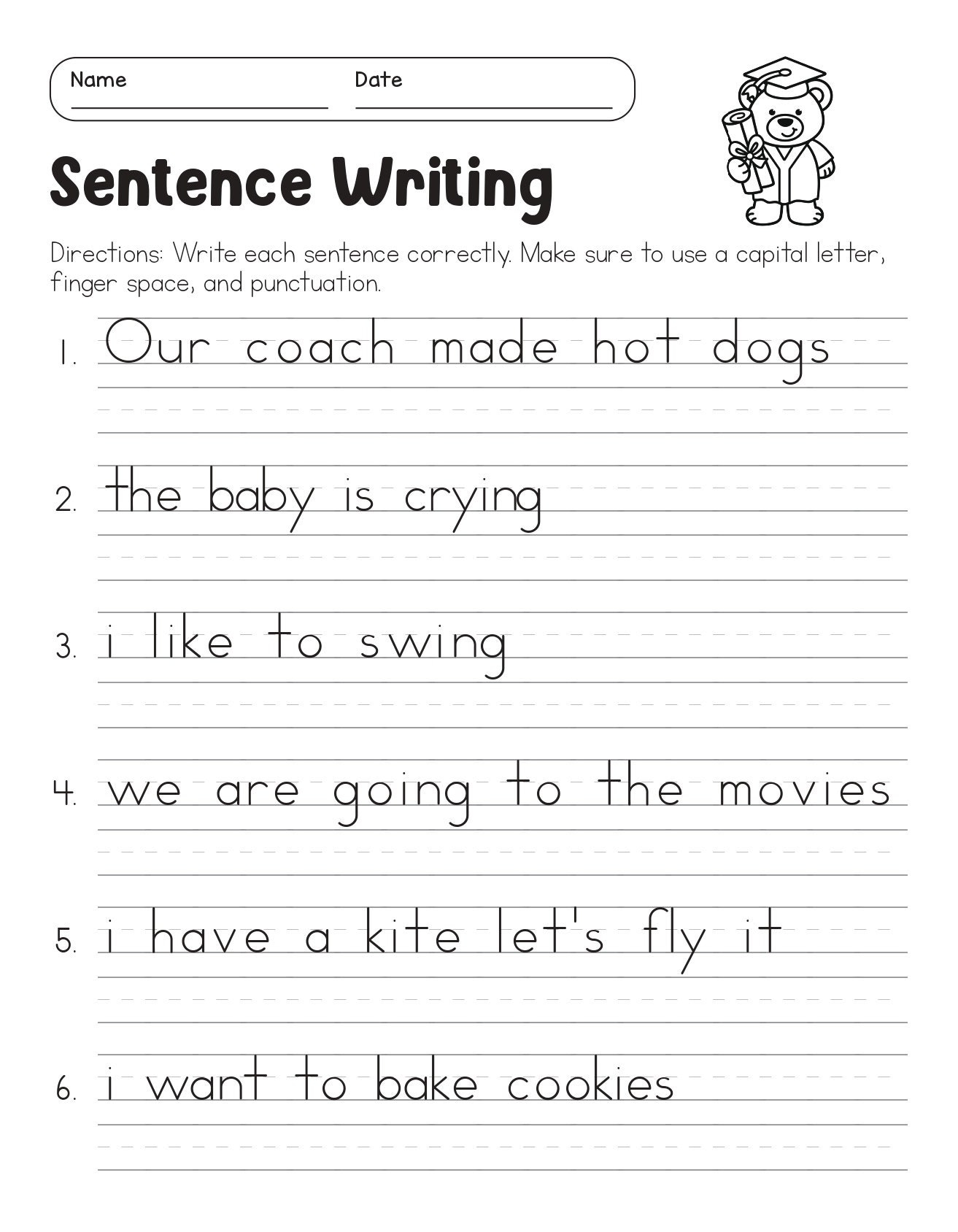 sentence writing worksheets for kindergarten