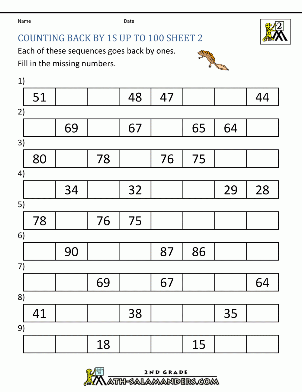 counting back worksheets