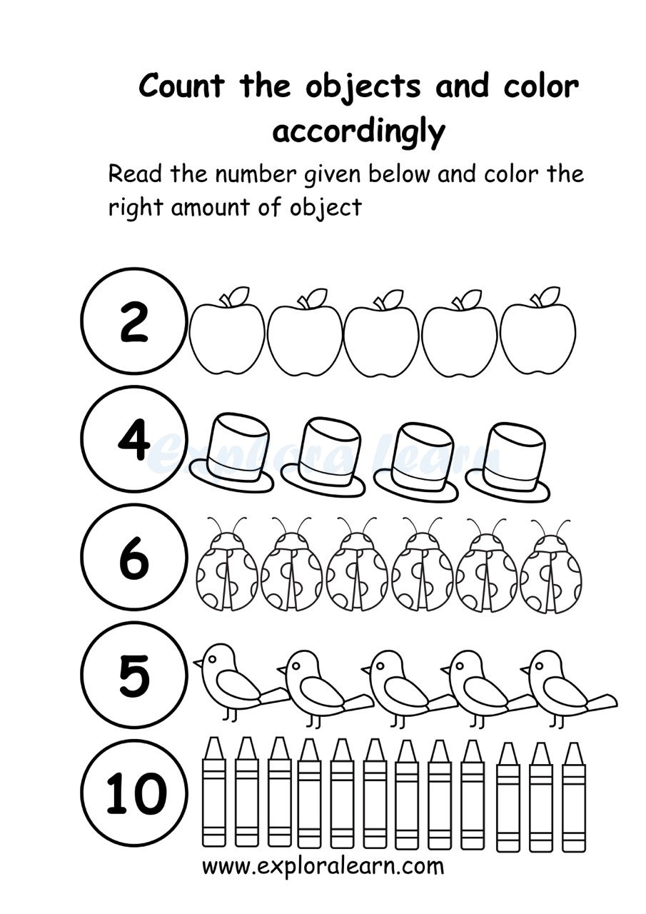 Counting Worksheets For 2 6 Year Olds Count And Colour Match