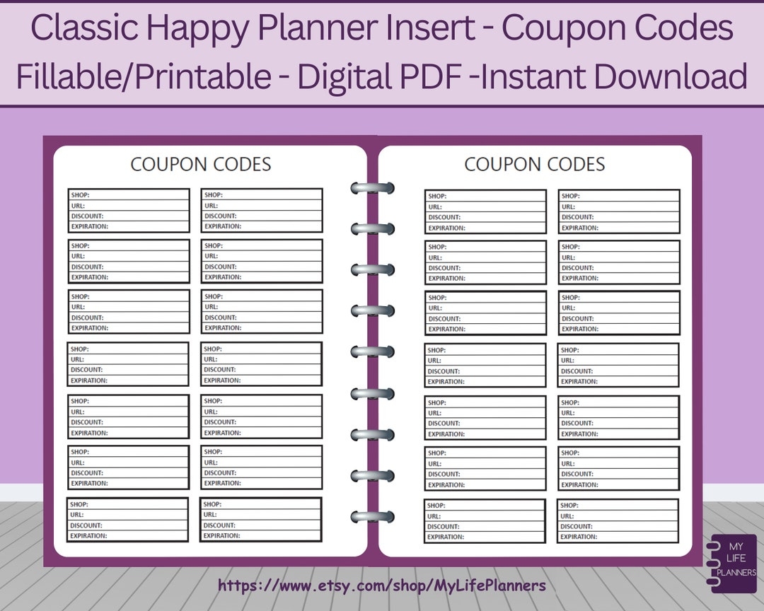 Coupon Code Tracker Fillable Planner Insert For Classic Happy Planner PDF Download Etsy