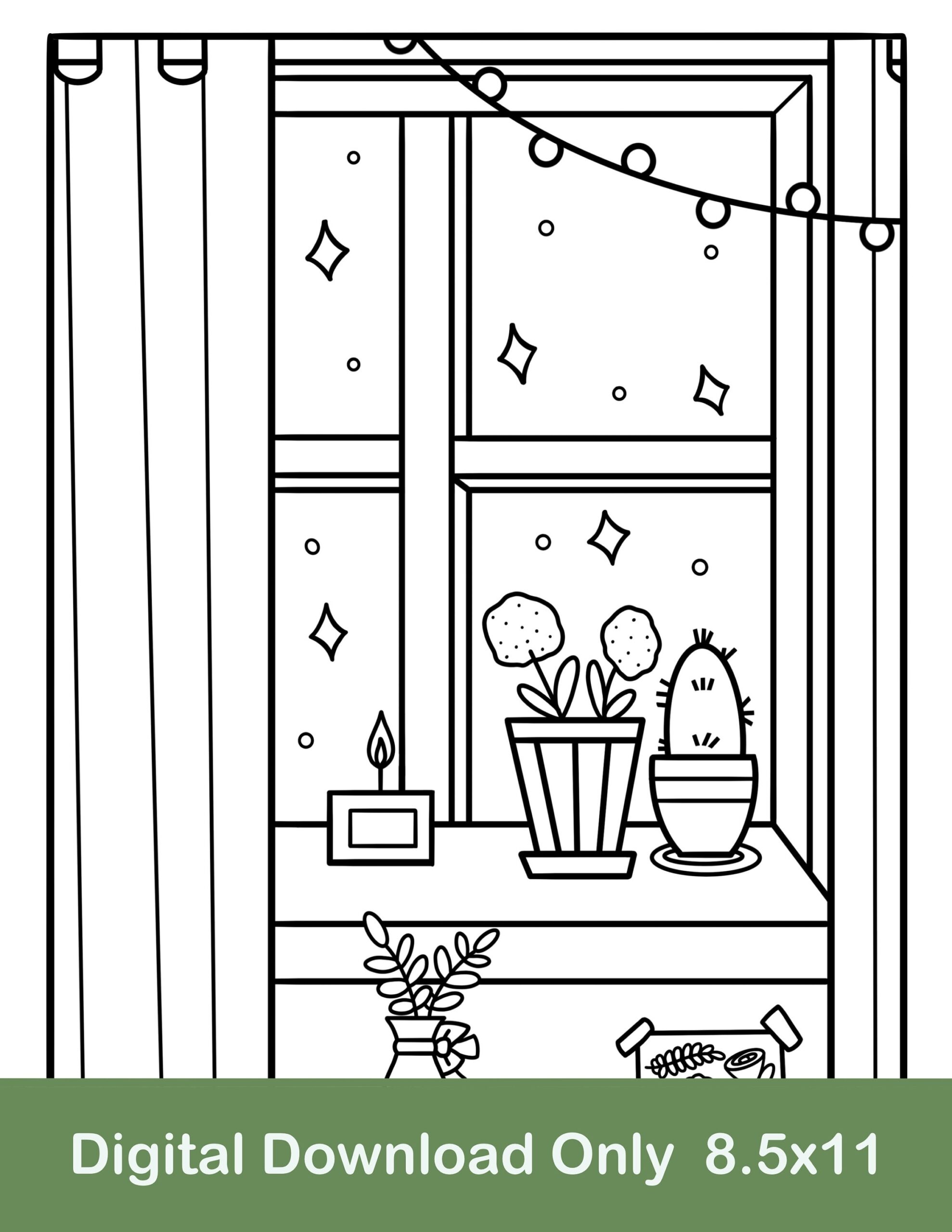 Cozy Window Coloring Page Plants Stars digital Download Etsy