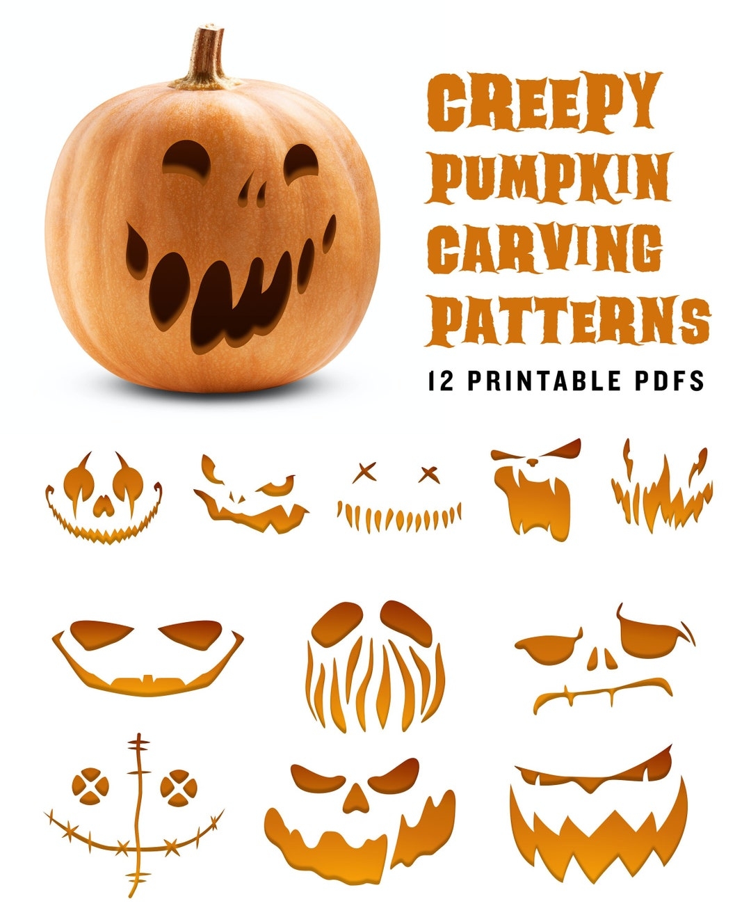 Creepy Pumpkin Carving Patterns Scary Jack o lantern Printable Templates For Your Halloween Decor Etsy Australia