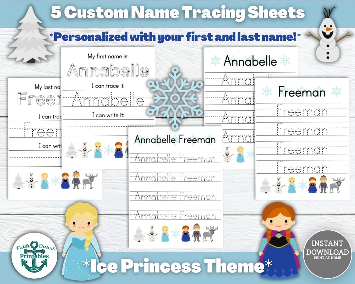 Custom Name Tracing Sheets Handwriting Practice Sheet Ice Princess Themed Personalized First Last Names Writing Page Printable Preschool PDF Etsy