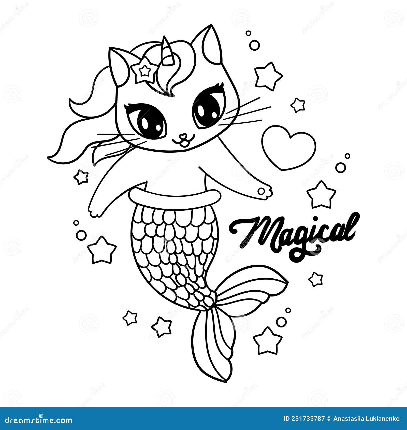 Cute Cat Mermaid Unicorn Black And White Outline Drawing Vector Stock Vector Illustration Of Funny Icon 231735787