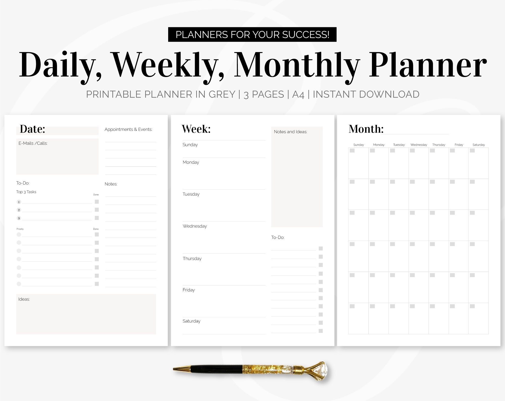 Daily Planner Grey Weekly Planner Monthly Planner English Printable Planner Planner Set Planner Inserts Instant Download A4 Etsy
