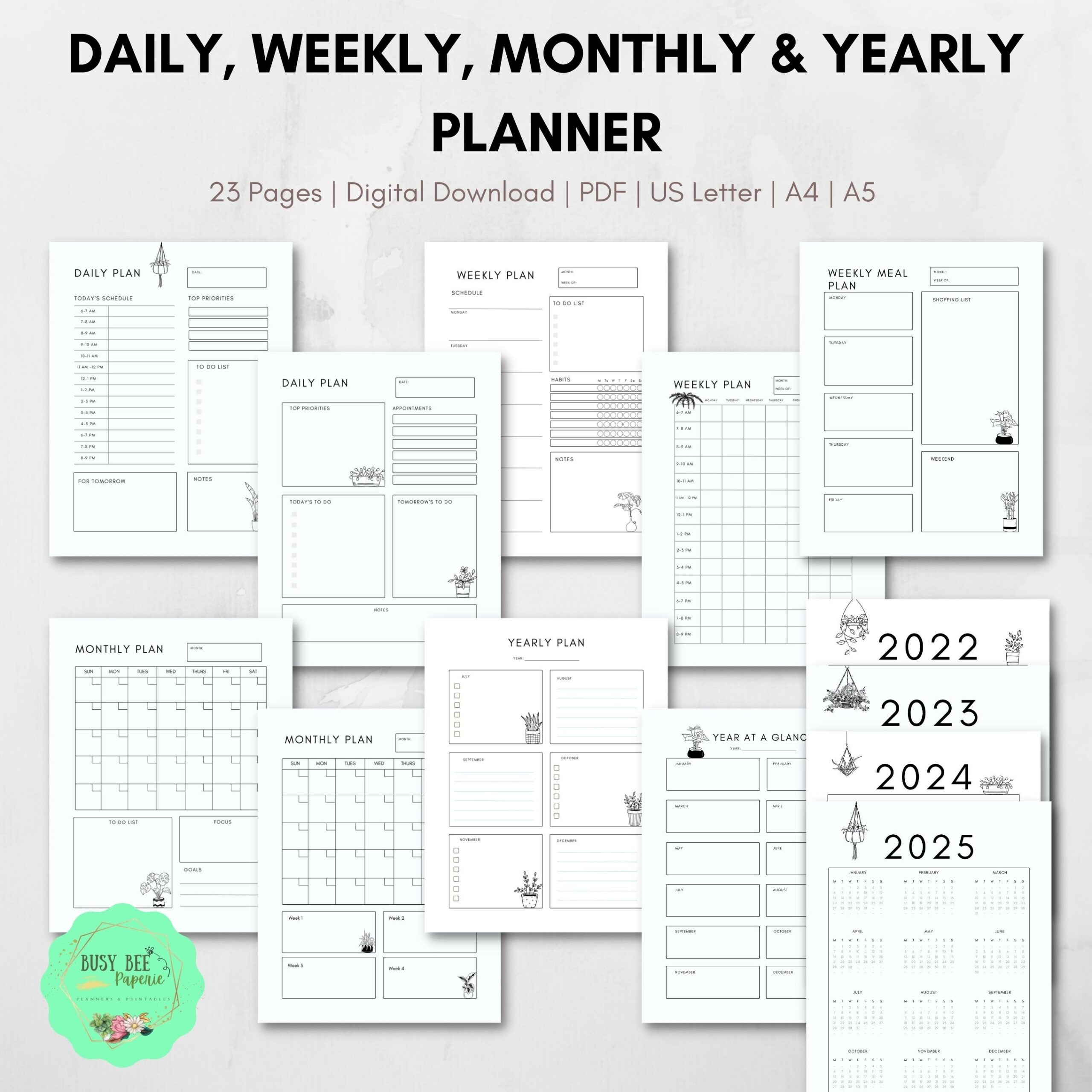 Daily Weekly Monthly Yearly Planner 23 Pages Life Organizing Planner Printable Pdf Minimalist Easy To Print Life Agenda Etsy
