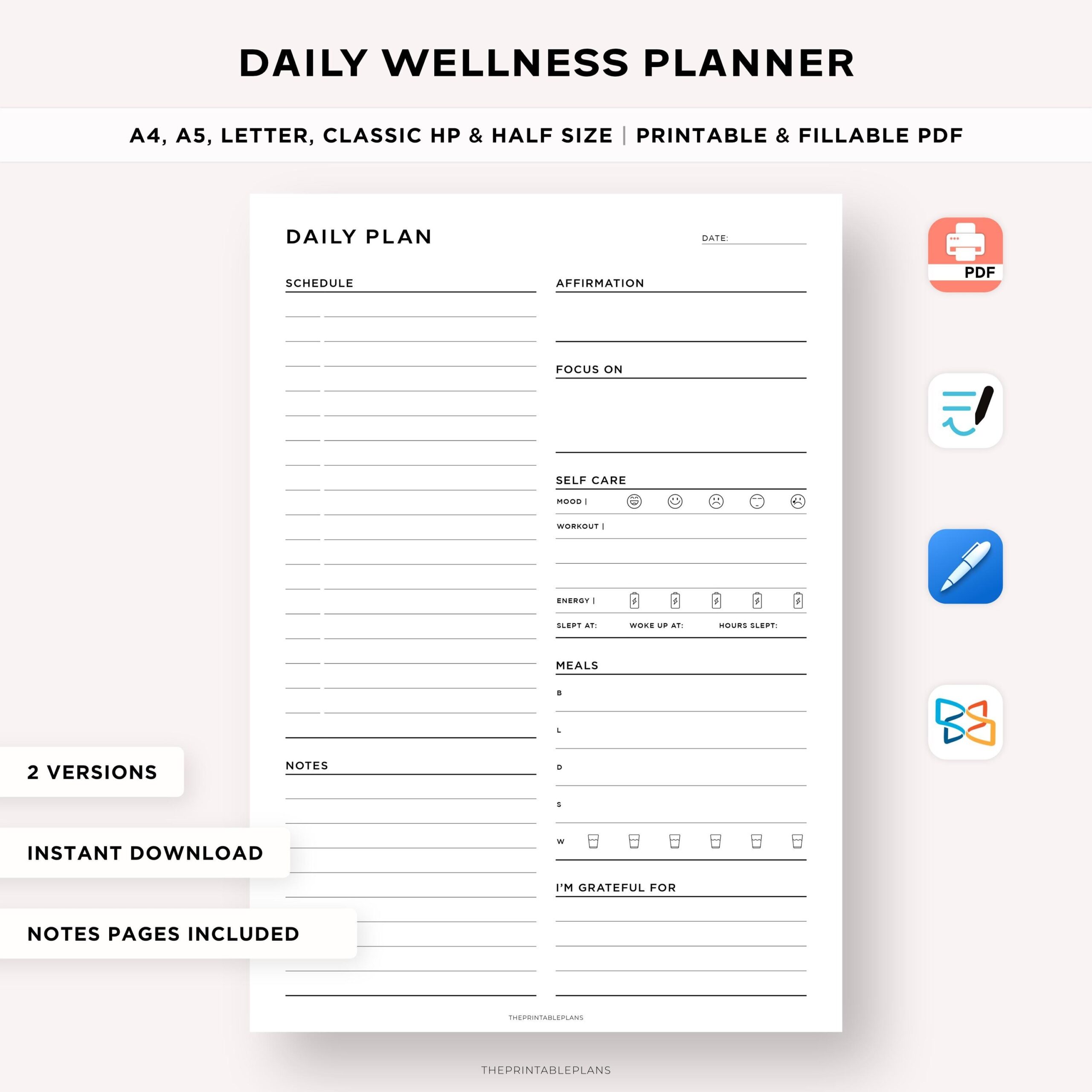 Daily Wellness Planner Self Care Planner Meal Planner Health Fitness Template To Do List Daily Schedule Daily Planner A5 Insert Etsy