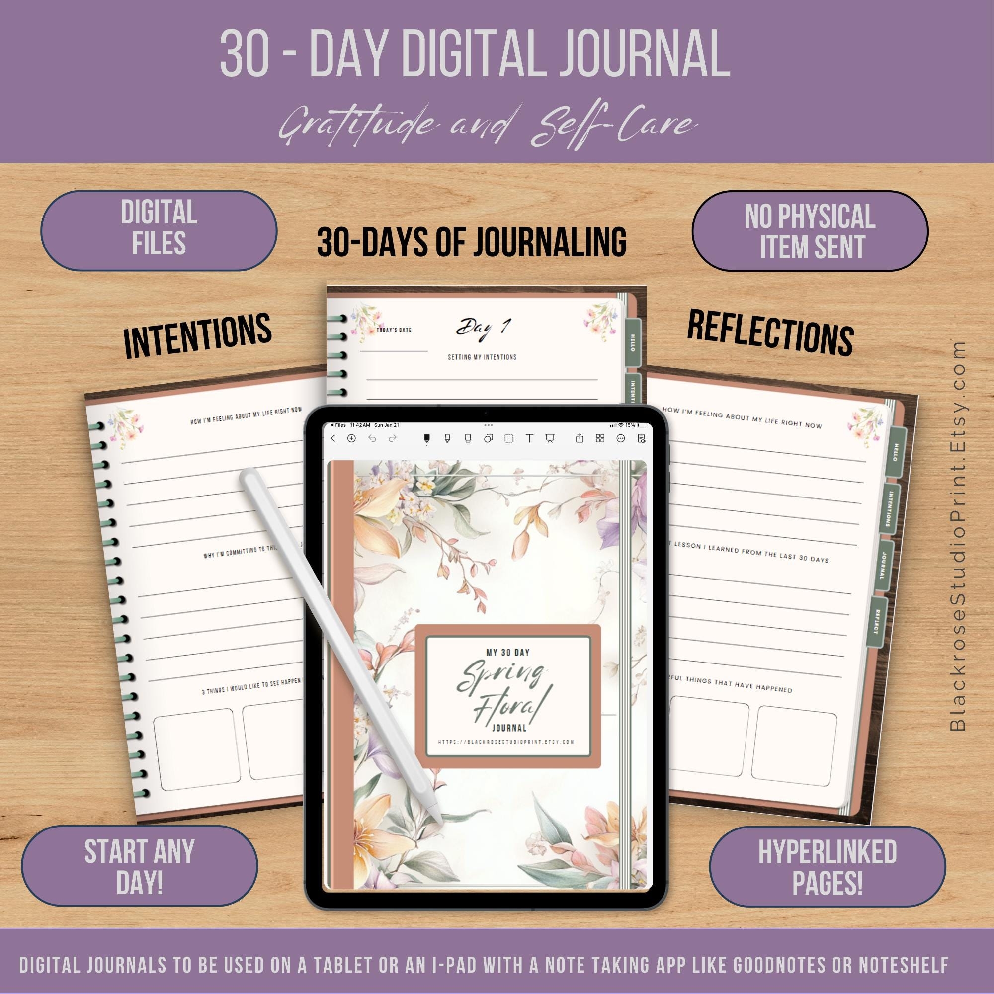 Digital Self Care And Gratitude Spring Floral 30 Day Journal Daily Tracking And Reflection Start Any Day Use On Tablets With Note App Etsy