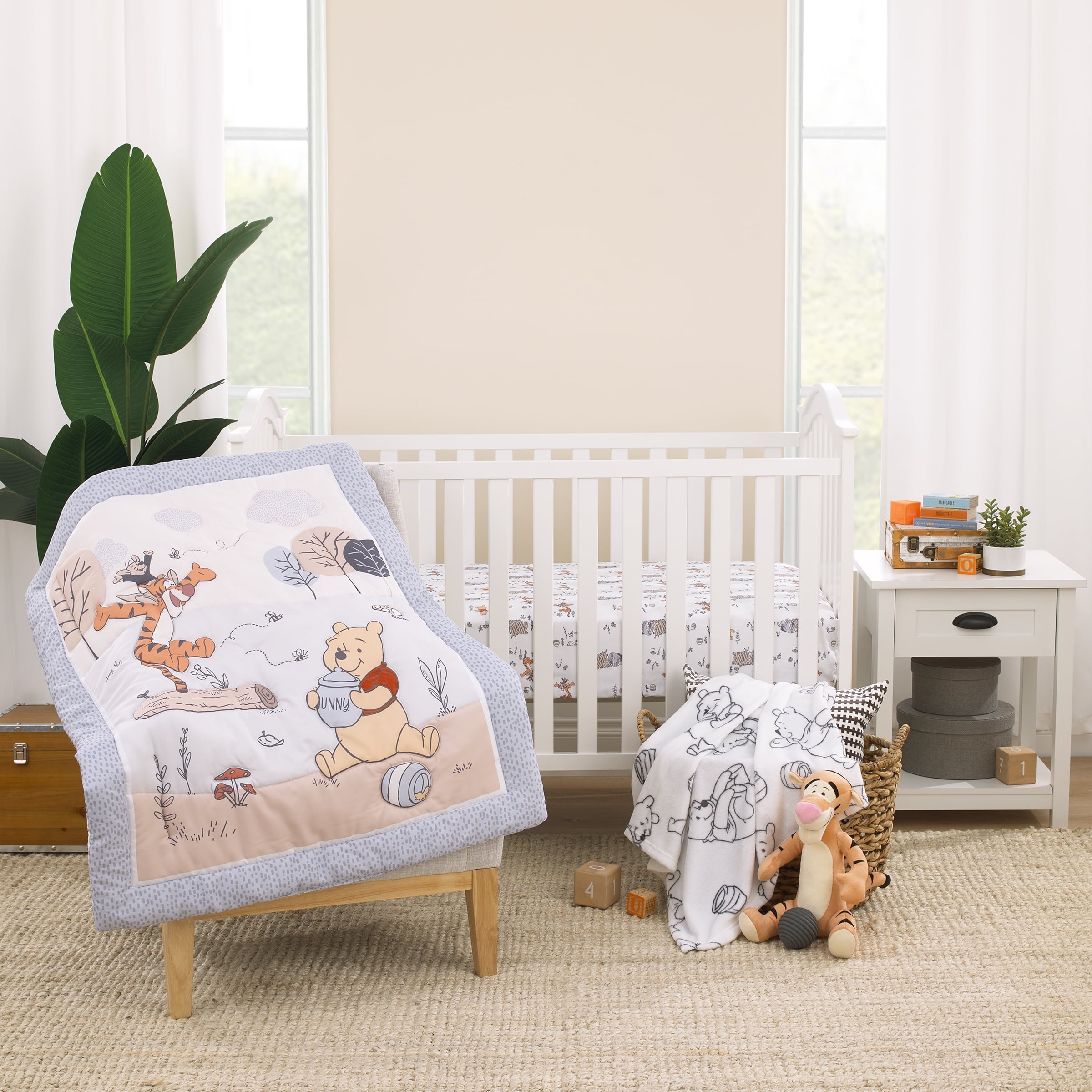 Disney Winnie The Pooh 3 Piece Crib Bedding Set Gray Comforter Fitted Sheet Blanket Infant Boy Or Girl Walmart