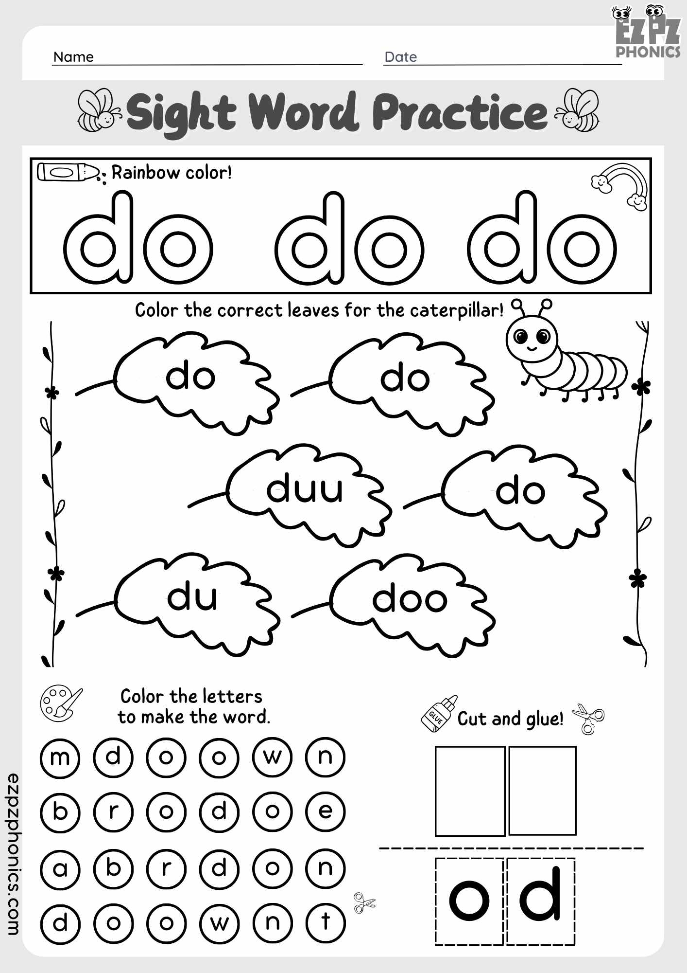 Do Kindergarten Sight Word Coloring And Cut And Paste Activities Ezpzphonics