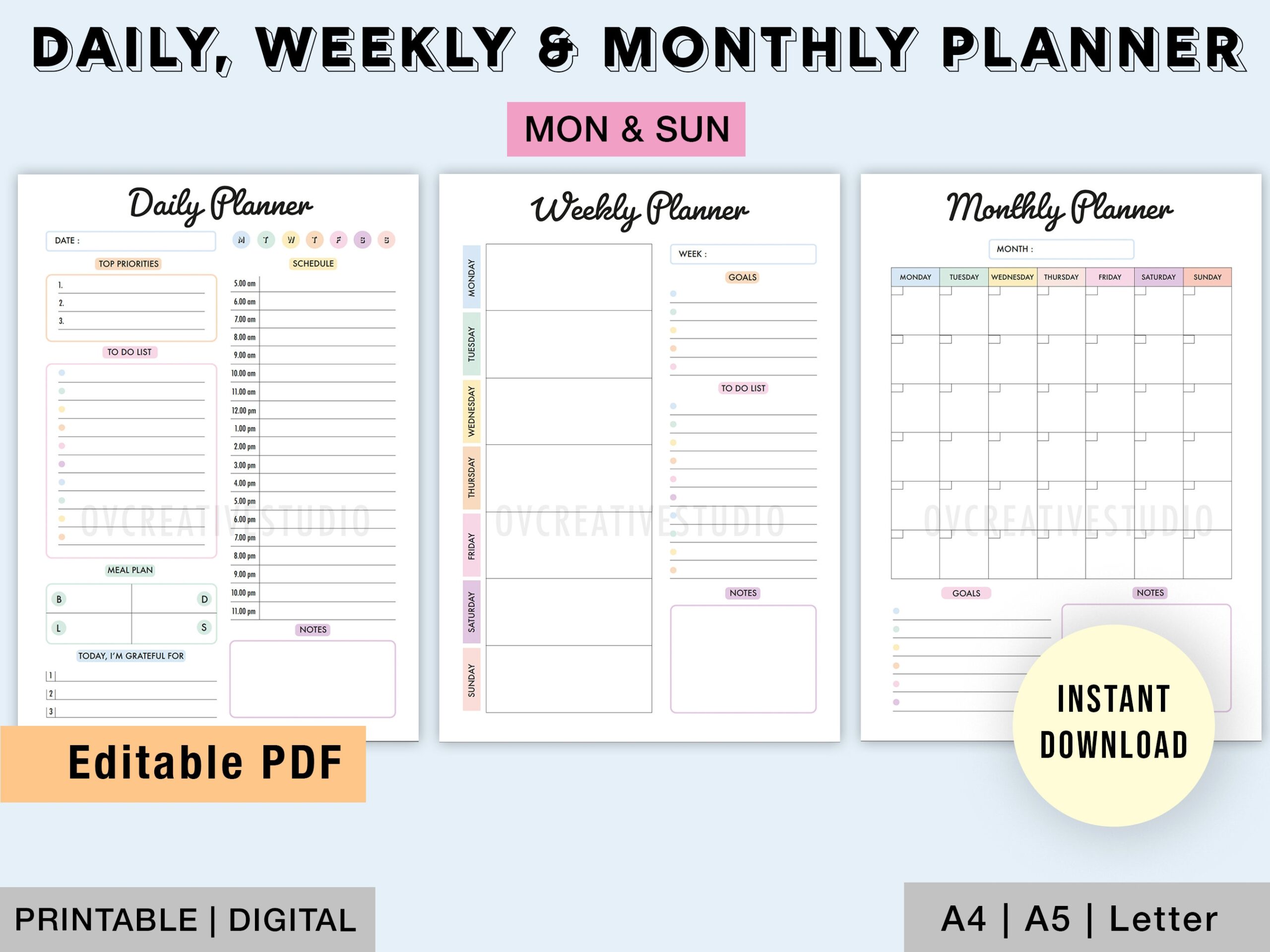 Editable Daily Weekly Monthly Planner Printable Planner Bundle To Do List Daily Checklist Colourful Planner Digital A4 a5 letter Etsy
