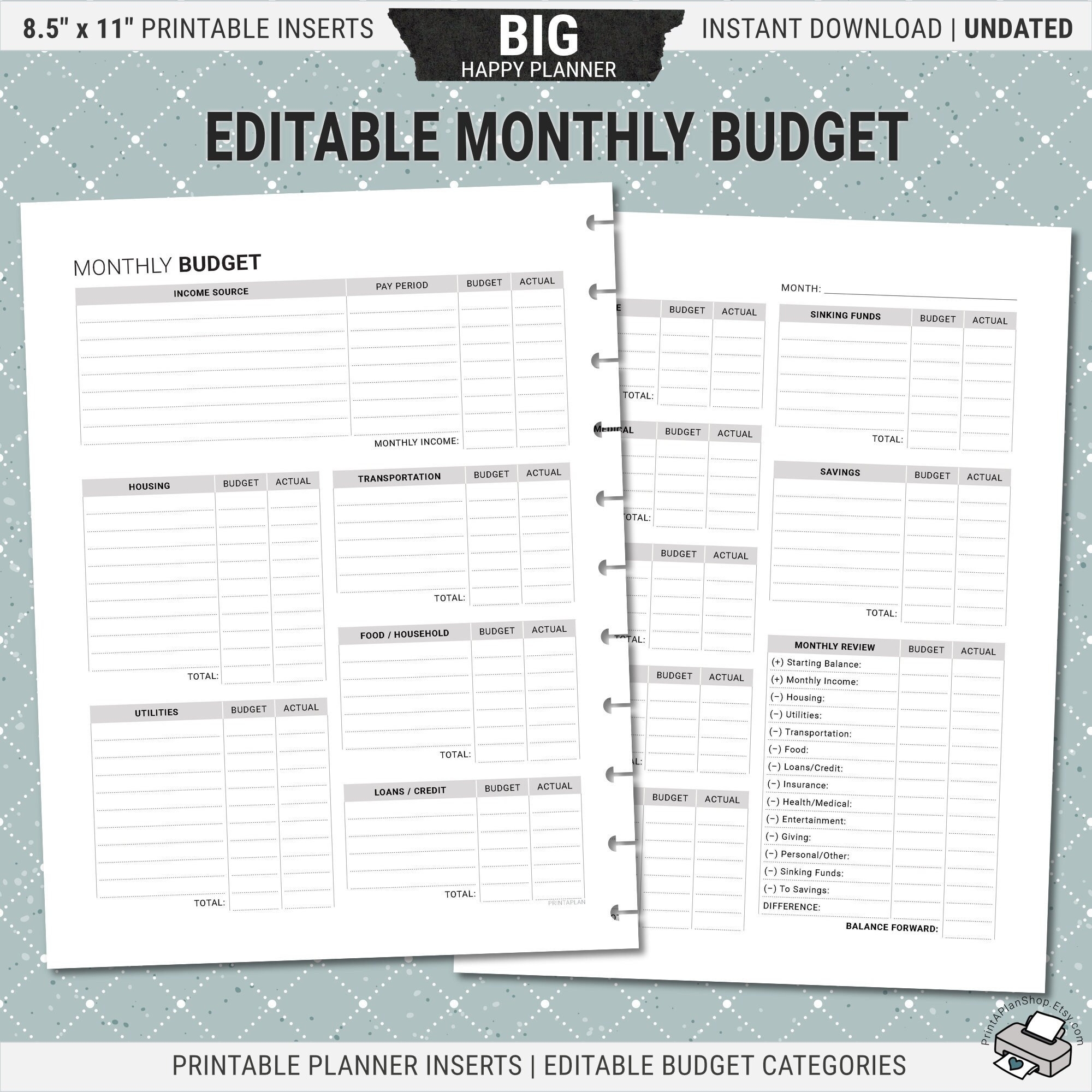 Editable Monthly Budget Inserts BIG Happy Planner digital Download PDF Etsy