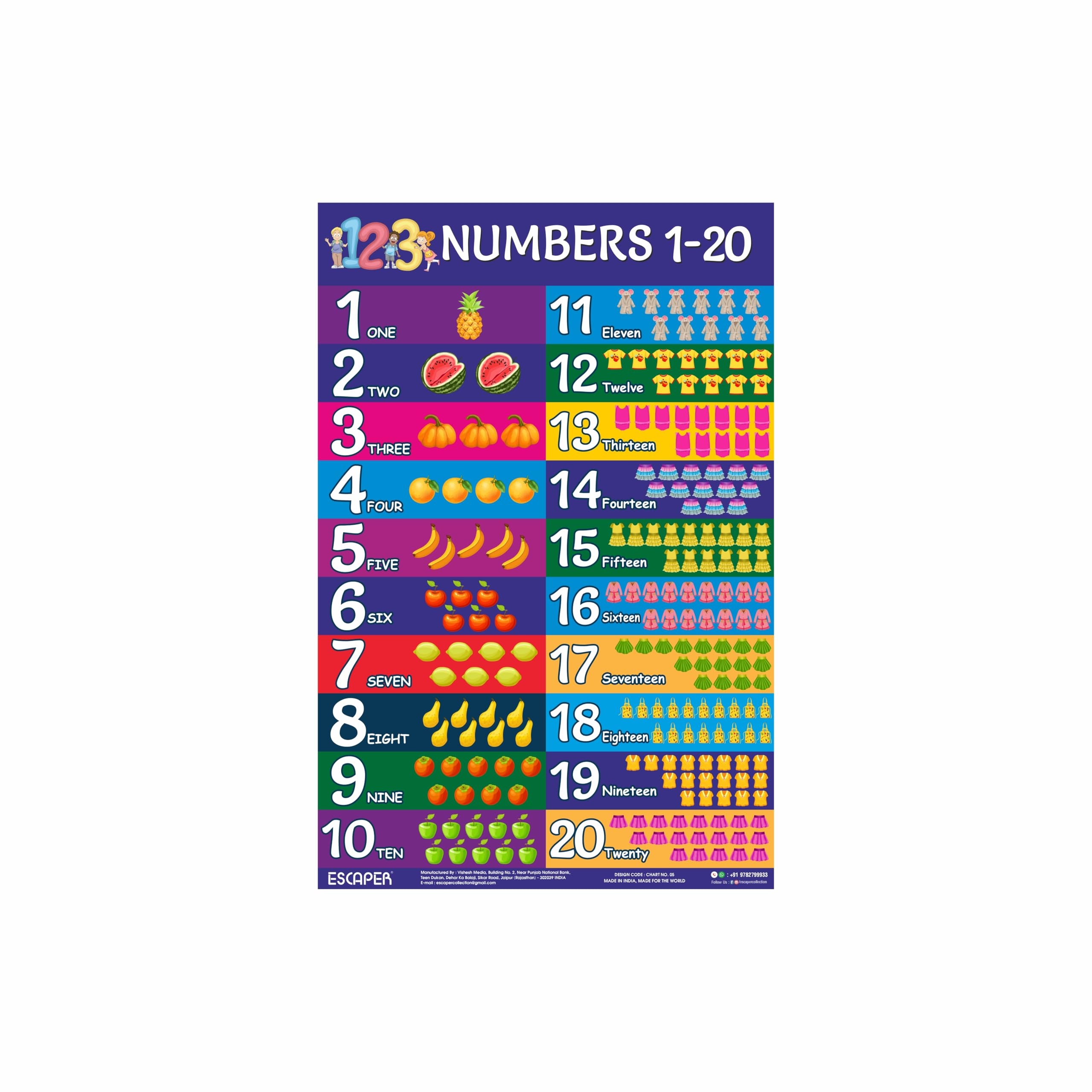 ESCAPER Number Chart 1 20 For Kids Wall 11 5 X 17 5 Inches Number Charts For Toddlers Number Names Charts For Kids Number Charts For Kids Learning Amazon in Office Products