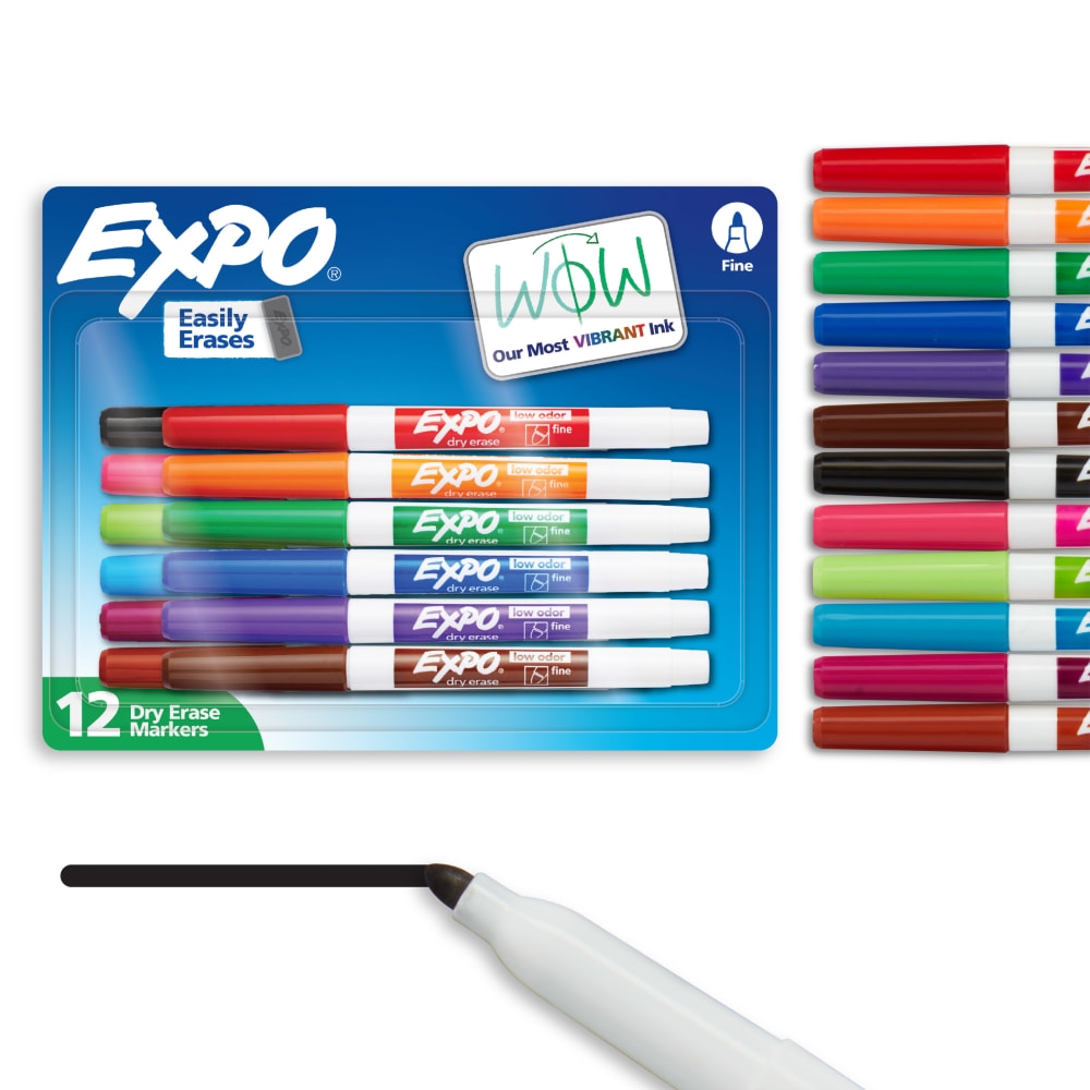 EXPO Low Odor Dry Erase Markers Fine Point Assorted Colors Pack Of 12 OfficeSupply