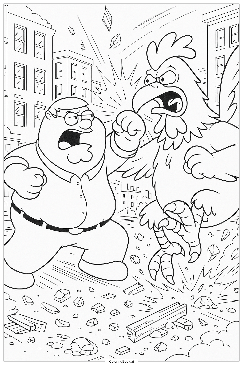 Family Guy Peter Fights The Giant Chicken Coloring Page Free PDF PNG Printable 