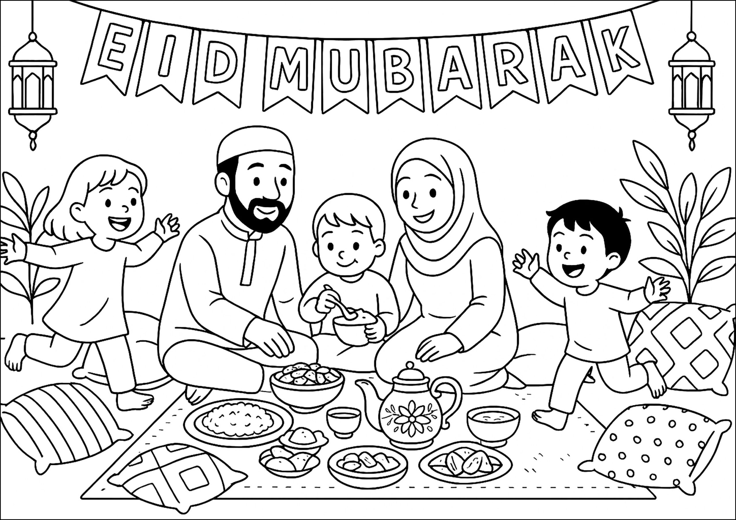 Family Scene Celebrating Eid Islam Coloring Pages