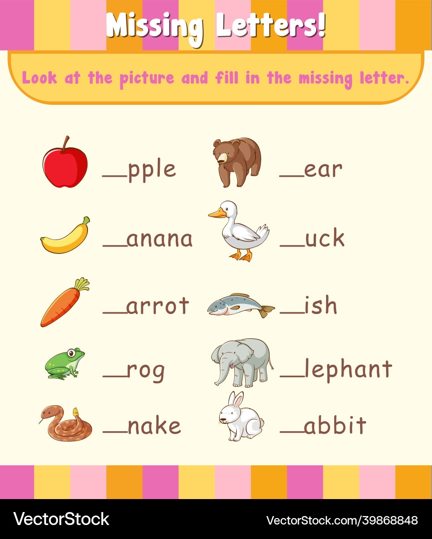 Fill In The Missing Letter Worksheet Template Royalty Free Vector VectorStock