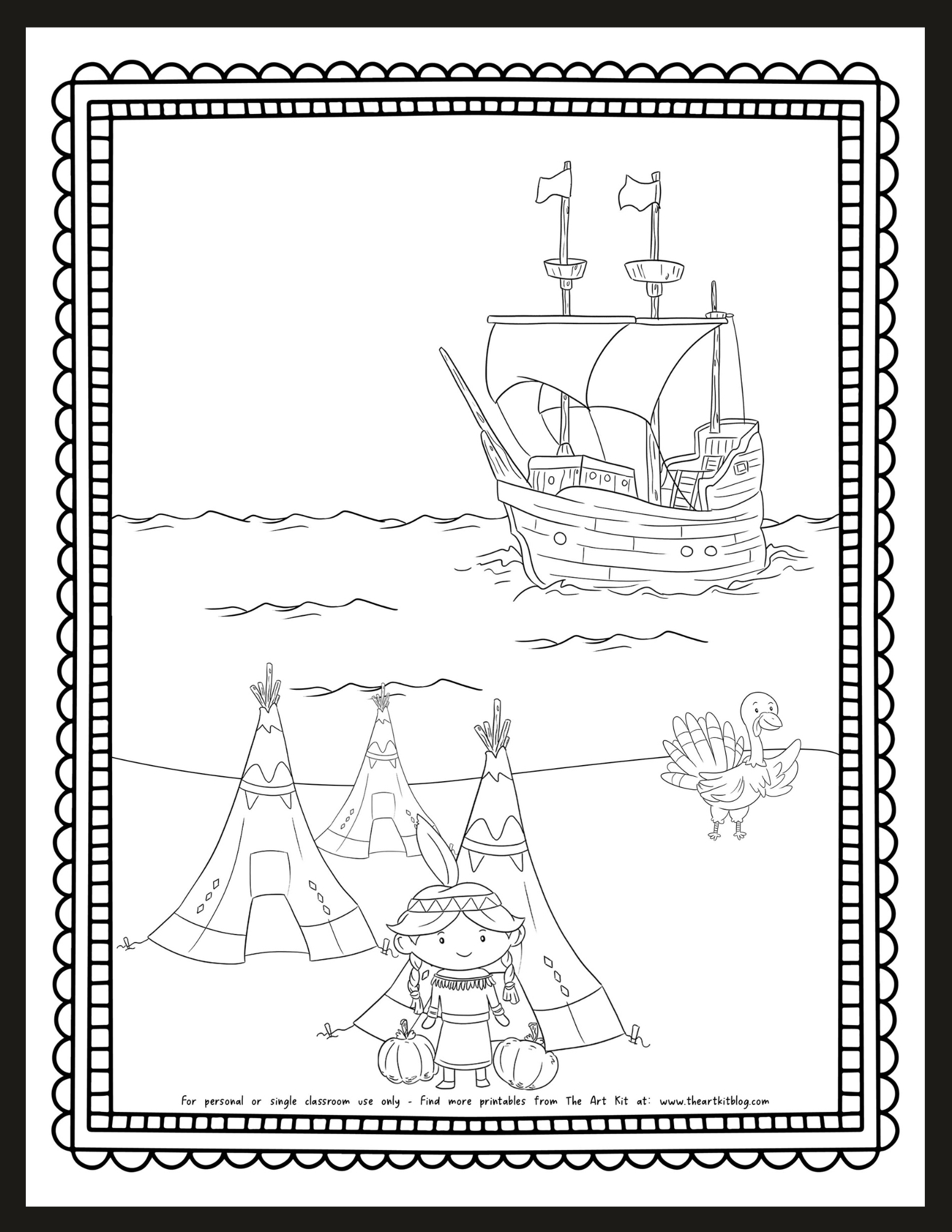 First Thanksgiving Mayflower Coloring Page Free Printable The Art Kit