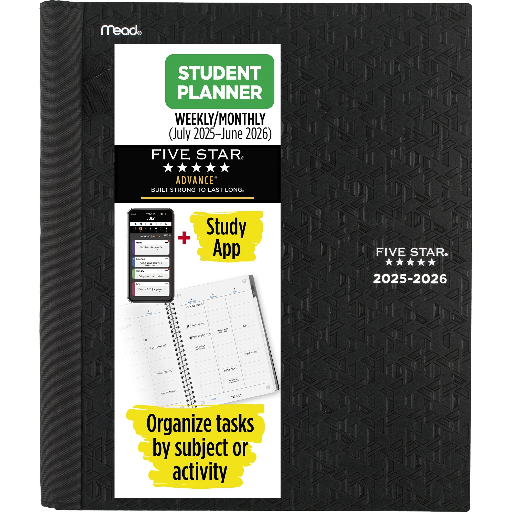 Five Star Academic 2025 2026 Weekly Monthly Student Planner Plus Study App Black Walmart