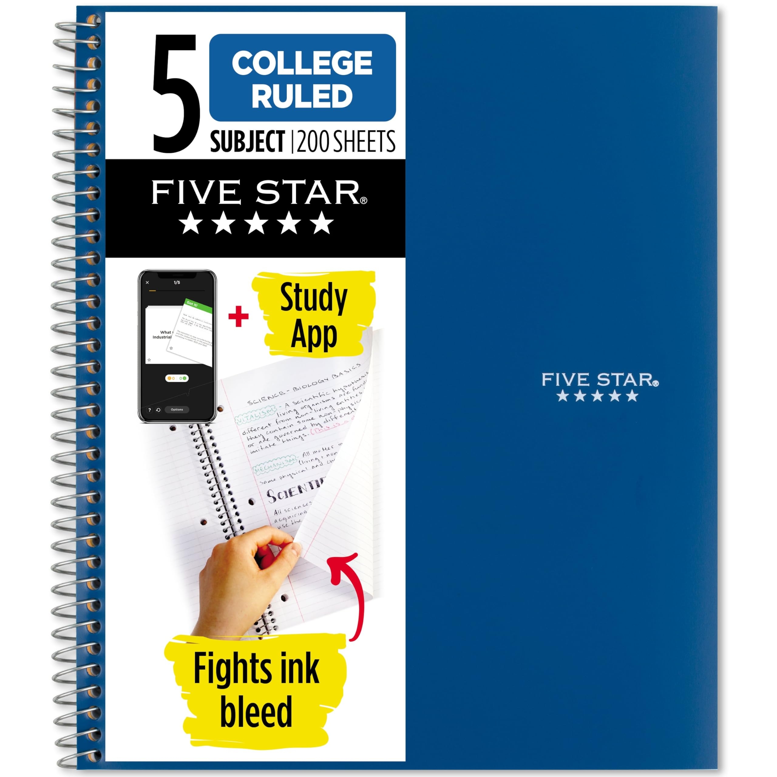 Five Star Brandclub Five Star Spiral Notebook Study App 5 Subject College Ruled Paper 8 1 2 X 11 200 Sheets Fights Ink Bleed Water Resistant Cover Pacific Blue 73635 