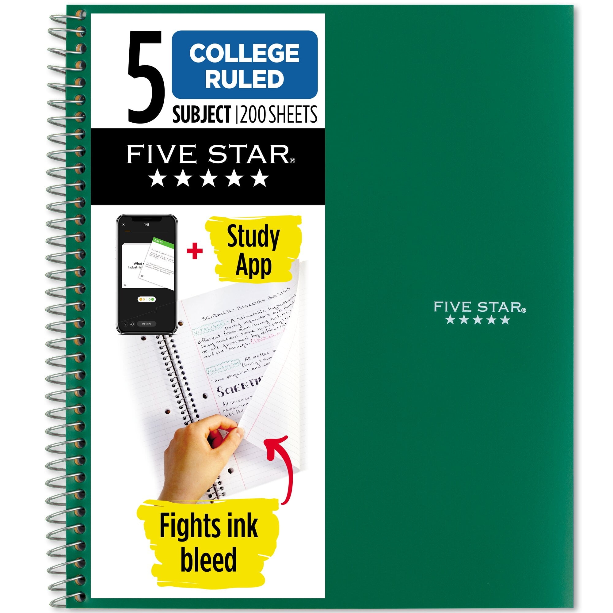 Five Star Wirebound Notebook 5 Subject College Ruled Forest Green Study App Compatible Walmart