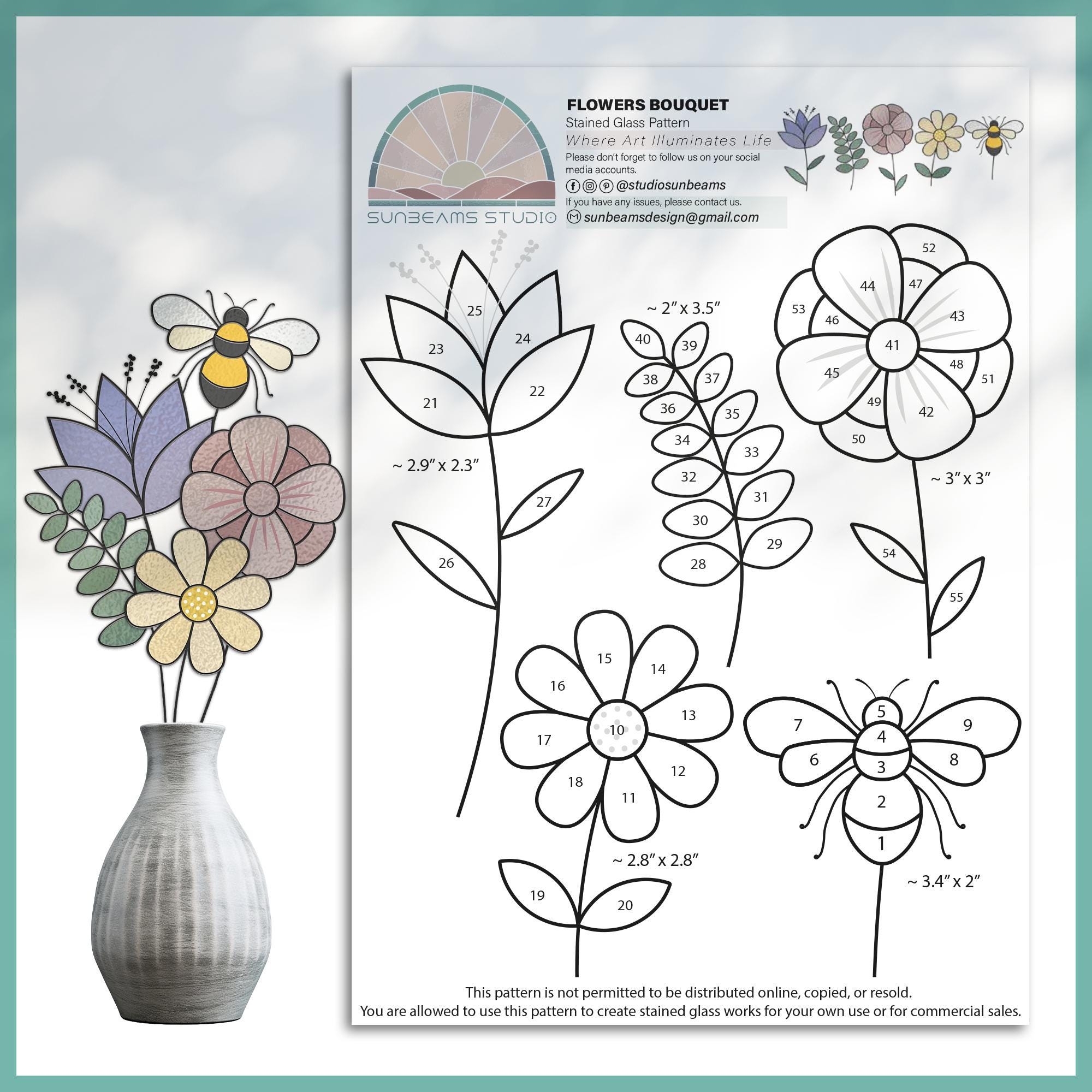 Flower Bouquet Stained Glass Pattern Snowdrop Bee Zinnia PDF JPEG Etsy Israel