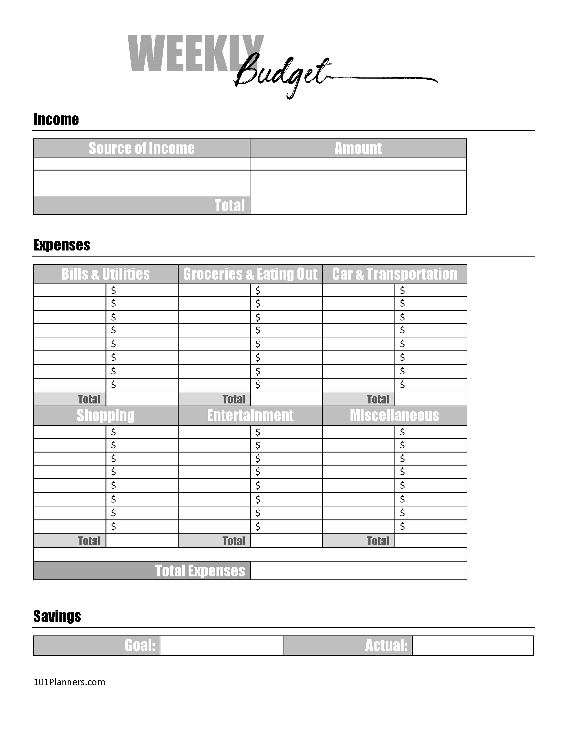 budget planners to print off