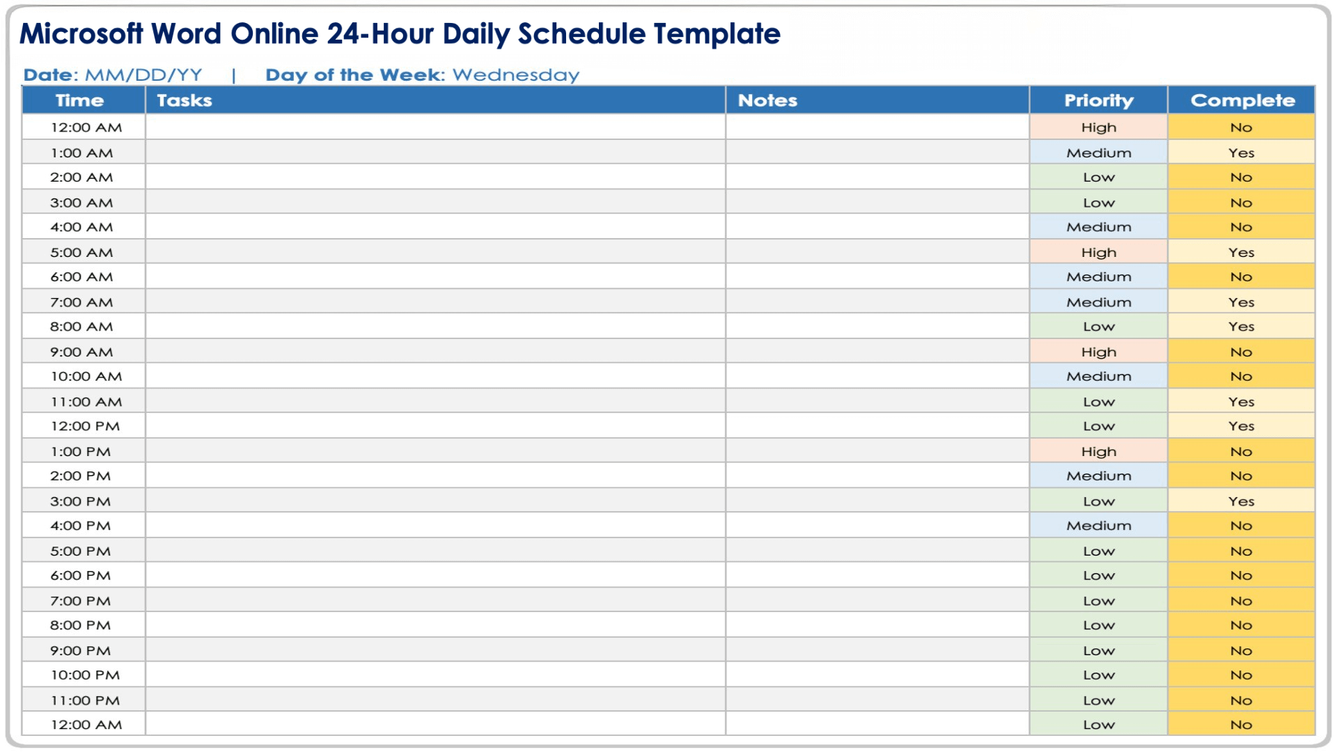 hour by hour schedule template