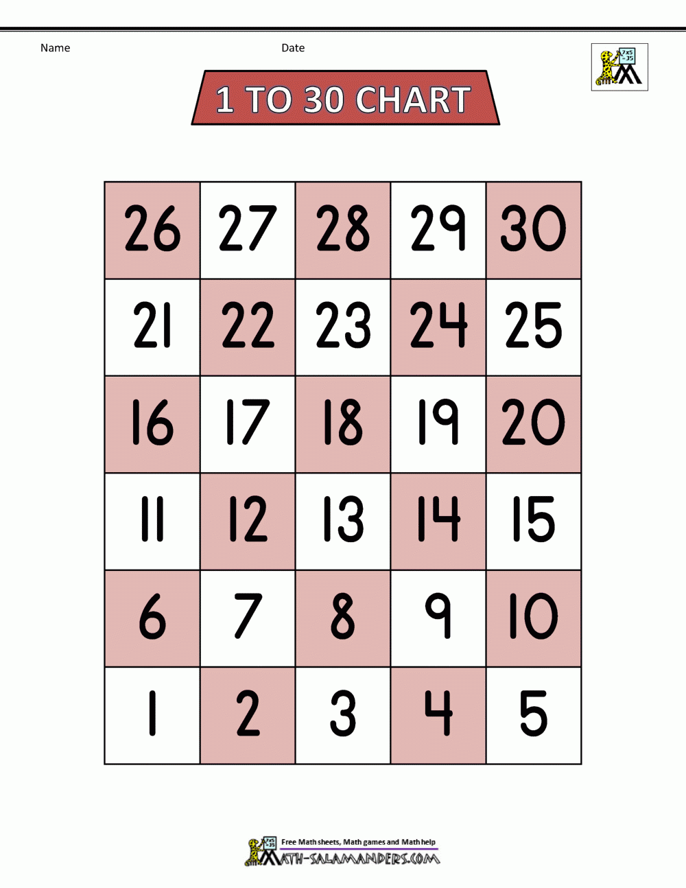 Free Number Chart 1 30
