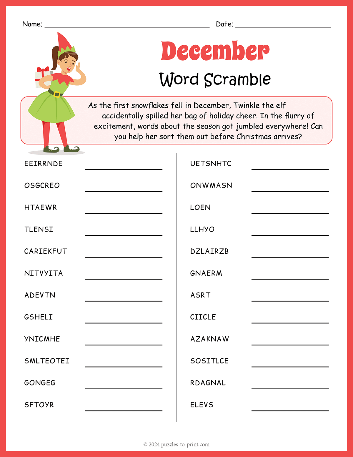 Free Printable December Word Scramble