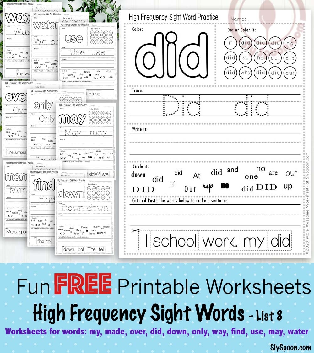 Free Printable High Frequency Sight Word Worksheets For Words Made Over Did Down Only Way Find Use May Water Set 8 Of 10 Sly Spoon