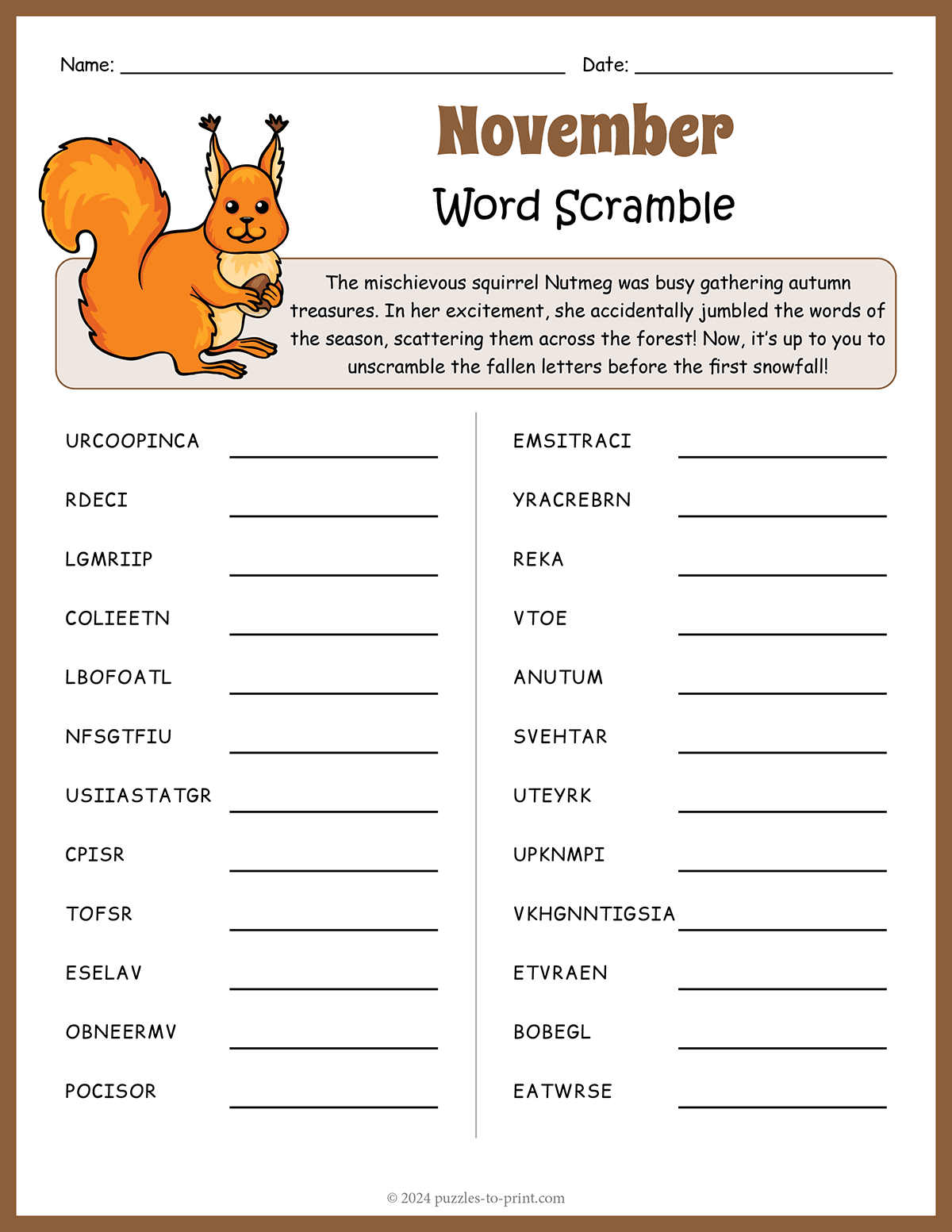 Free Printable November Word Scramble