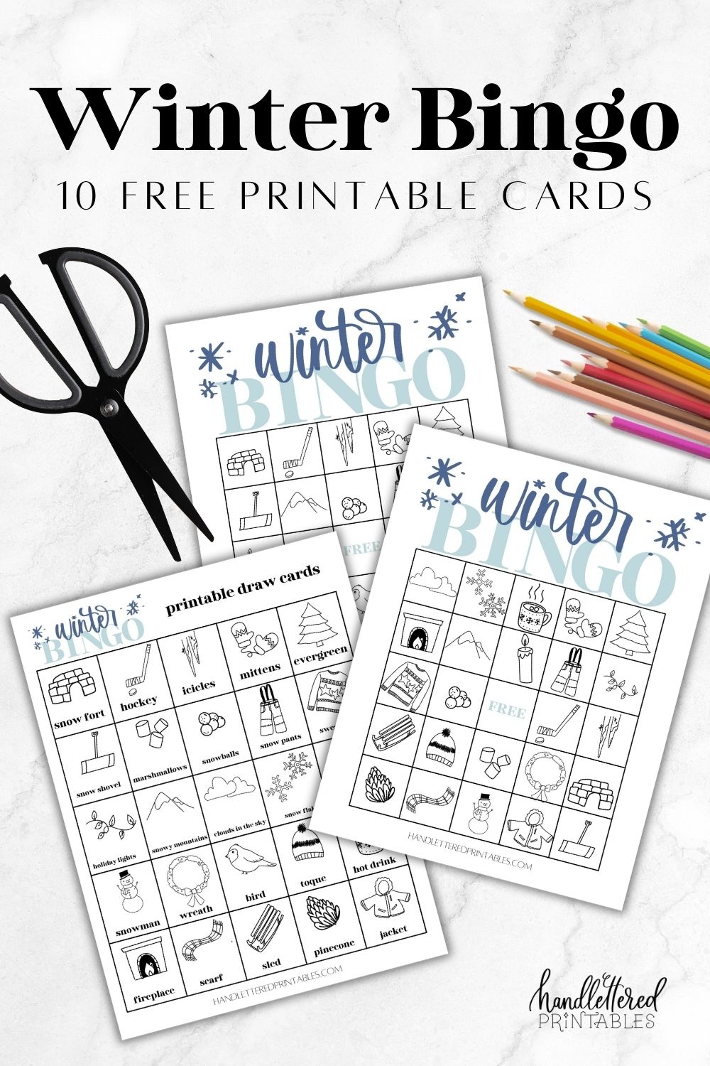 Free Printable Winter Bingo Game For Kids 10 Cards Hand Lettered Printables