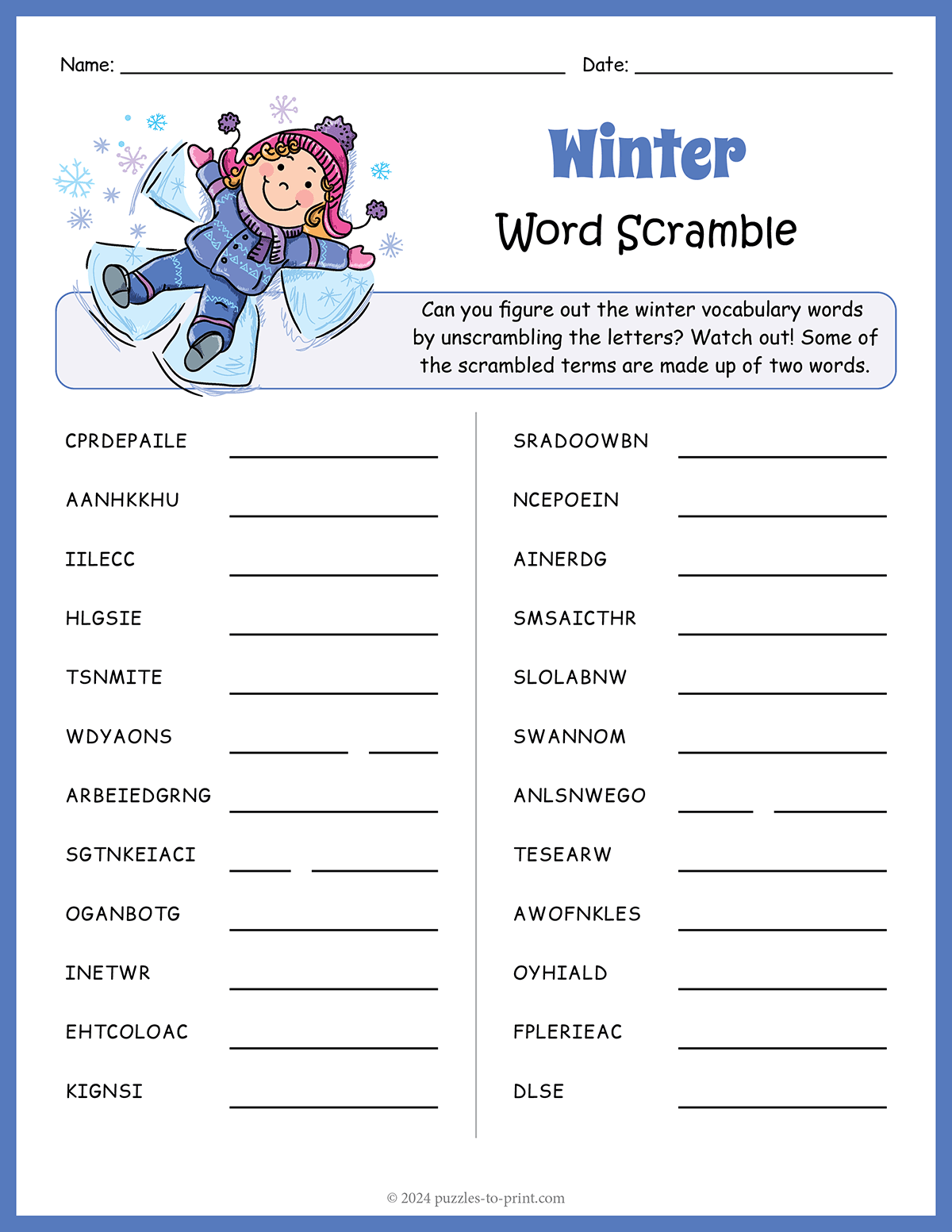Free Printable Winter Word Scramble