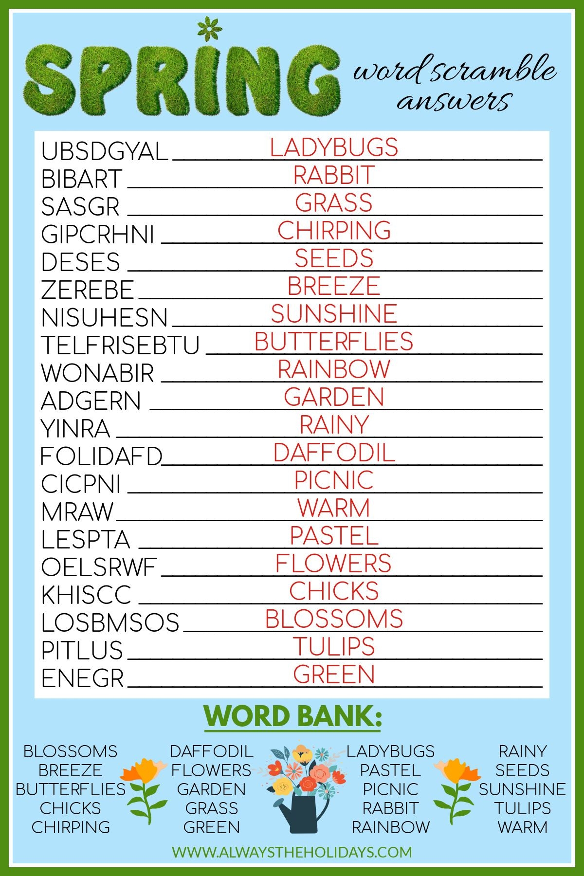 Free Spring Printable Spring Word Scramble With Answers