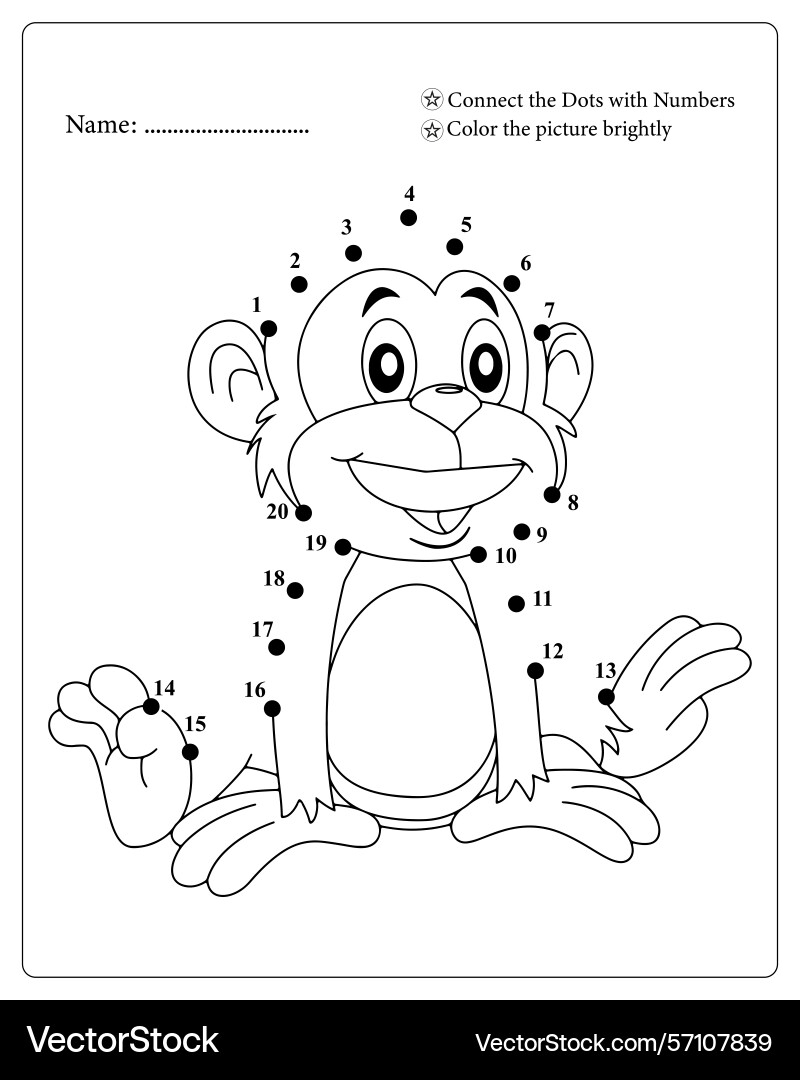 Fun Monkey Connect The Dots Coloring Page For Kids Royalty Free Vector VectorStock
