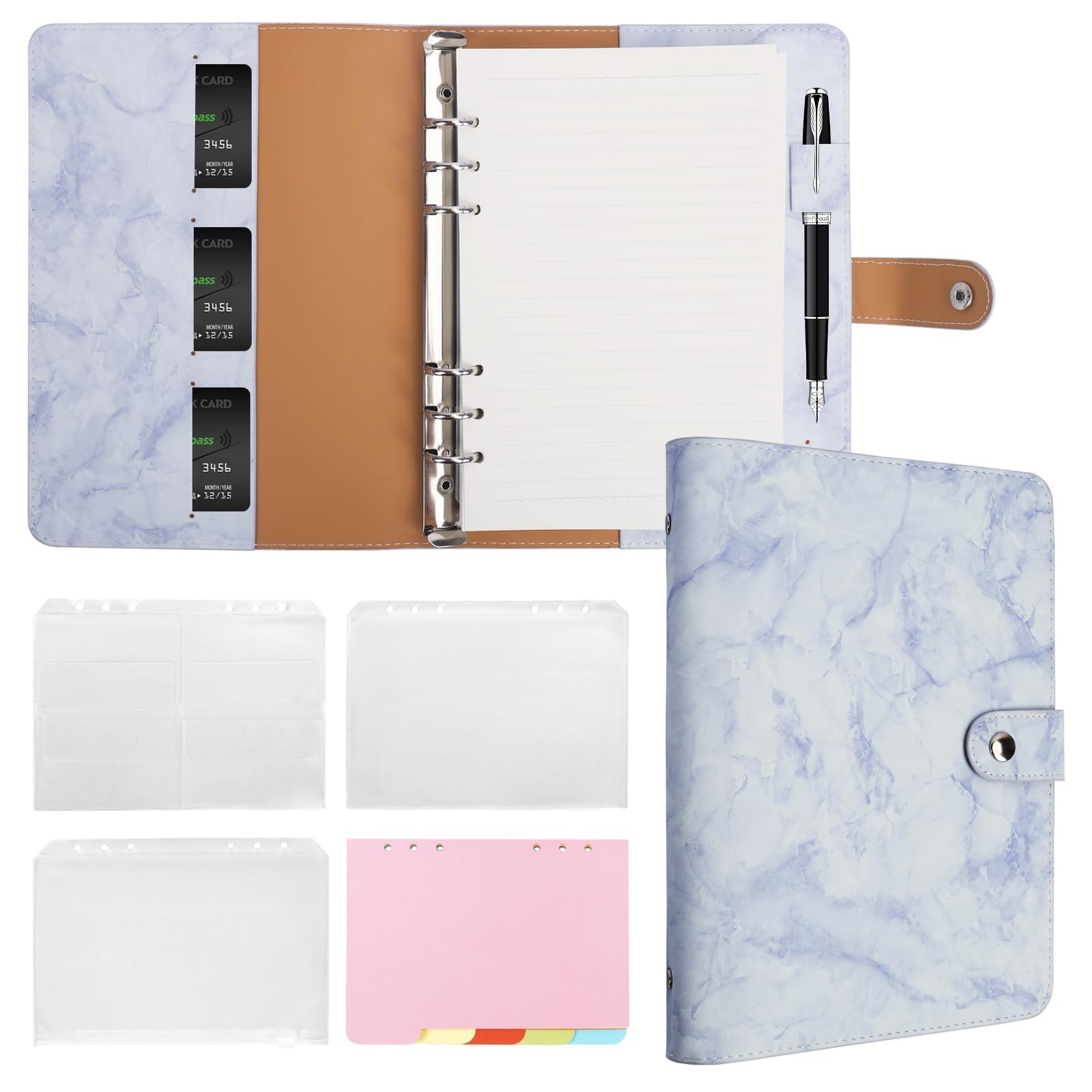 FYY A5 Binder Refillable Planner Notebook 6 Ring PU Leather Binder Journal With Pockets Dividers Refill Paper Marble Blue Amazon Office Products