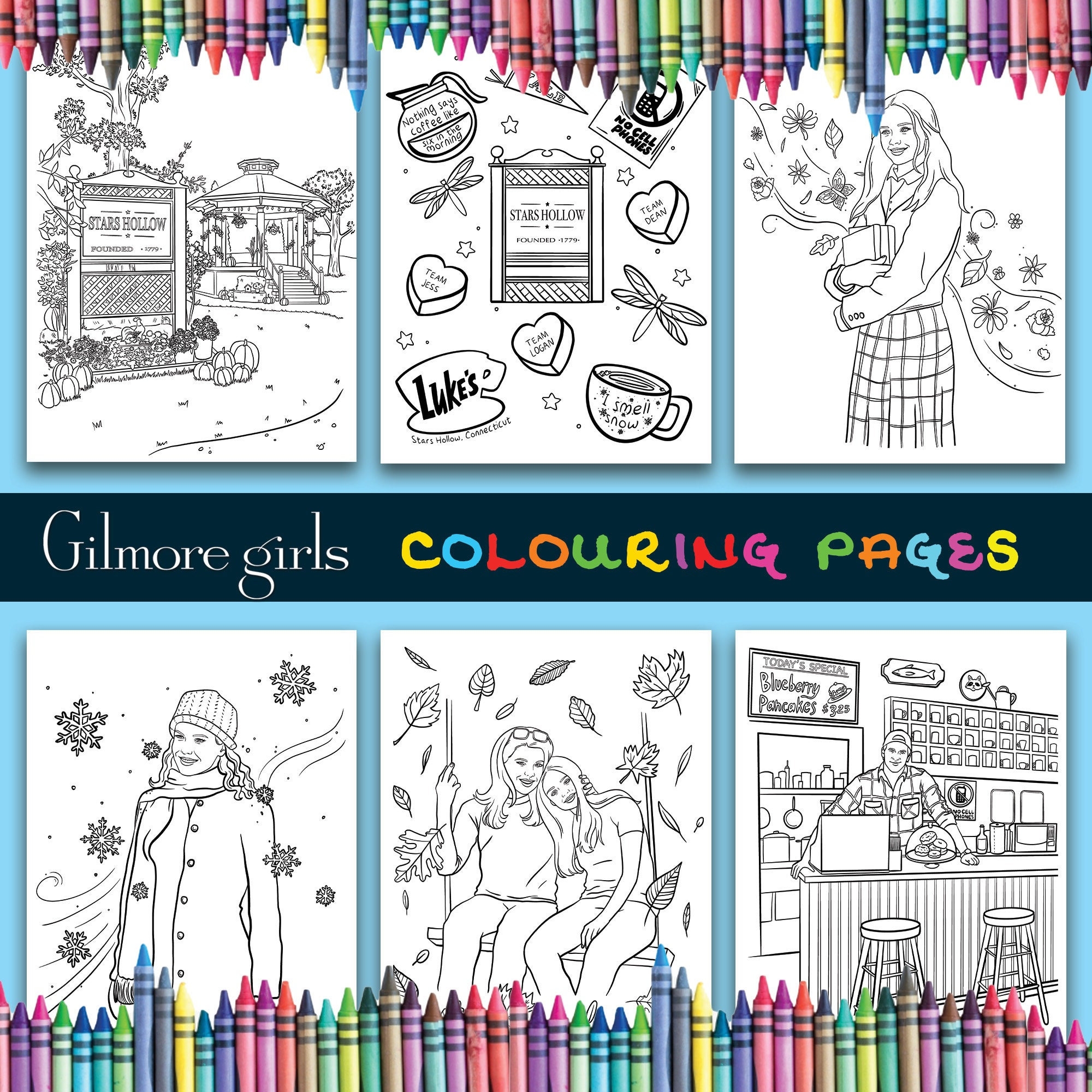 Gilmore Girls Coloring Pages DIGITAL DOWNLOAD PDF Stars Hollow Lukes Diner Etsy