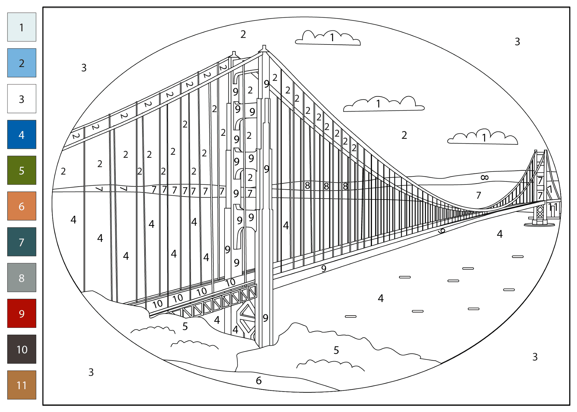Golden Gate Bridge Color By Number Coloring Page Free Printable