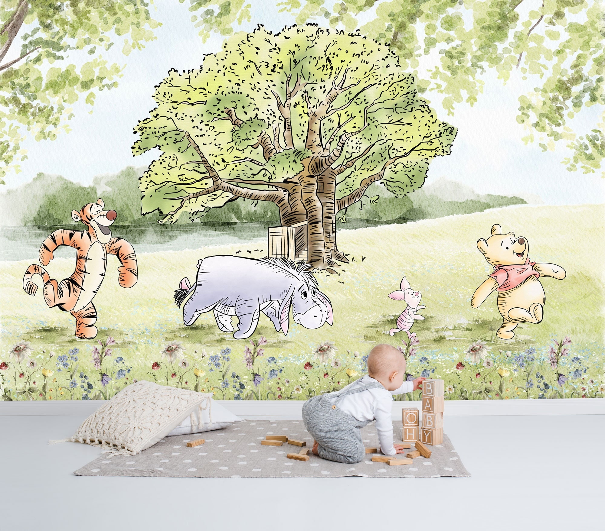 Hand drawn Winnie The Pooh And Friends Wall Mural Winnie The Pooh Wallpaper Nursery Decor Children Wallpaper Ref 114 Etsy Norway