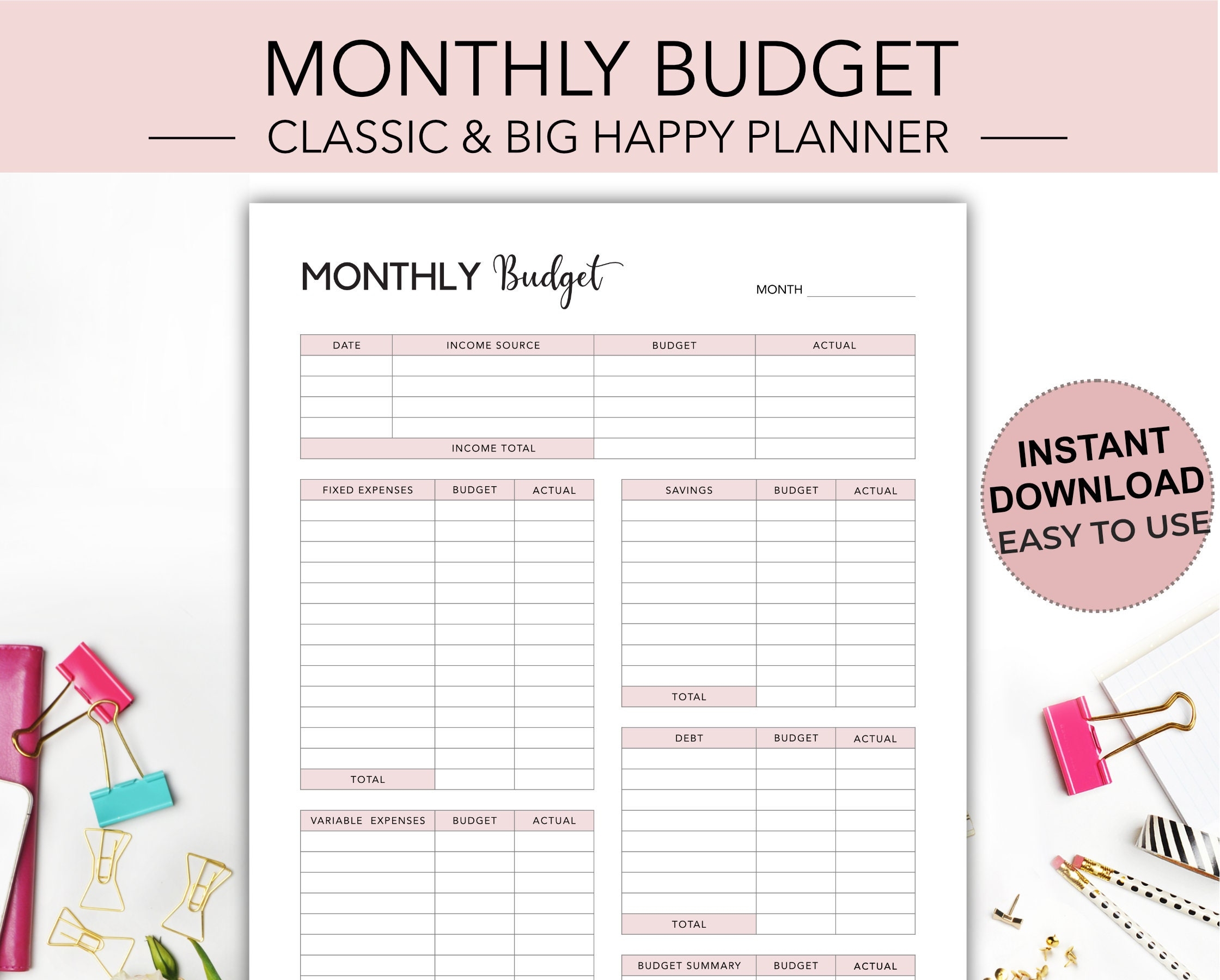Happy Planner Monthly Budget Printable Classic Big PDF Etsy