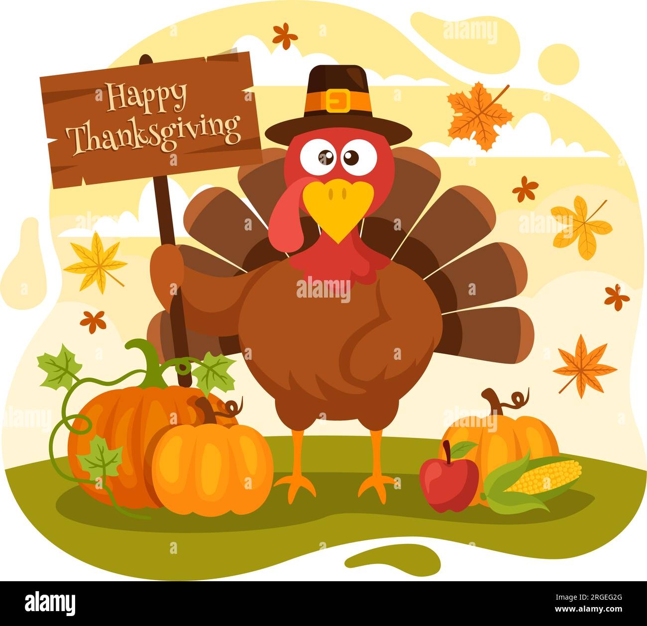 Happy Thanksgiving Day Vector Illustration With Turkey Bird Pumpkin Leaves And Many Others Elements Background Flat Cartoon Hand Drawn Templates Stock Vector Image Art Alamy